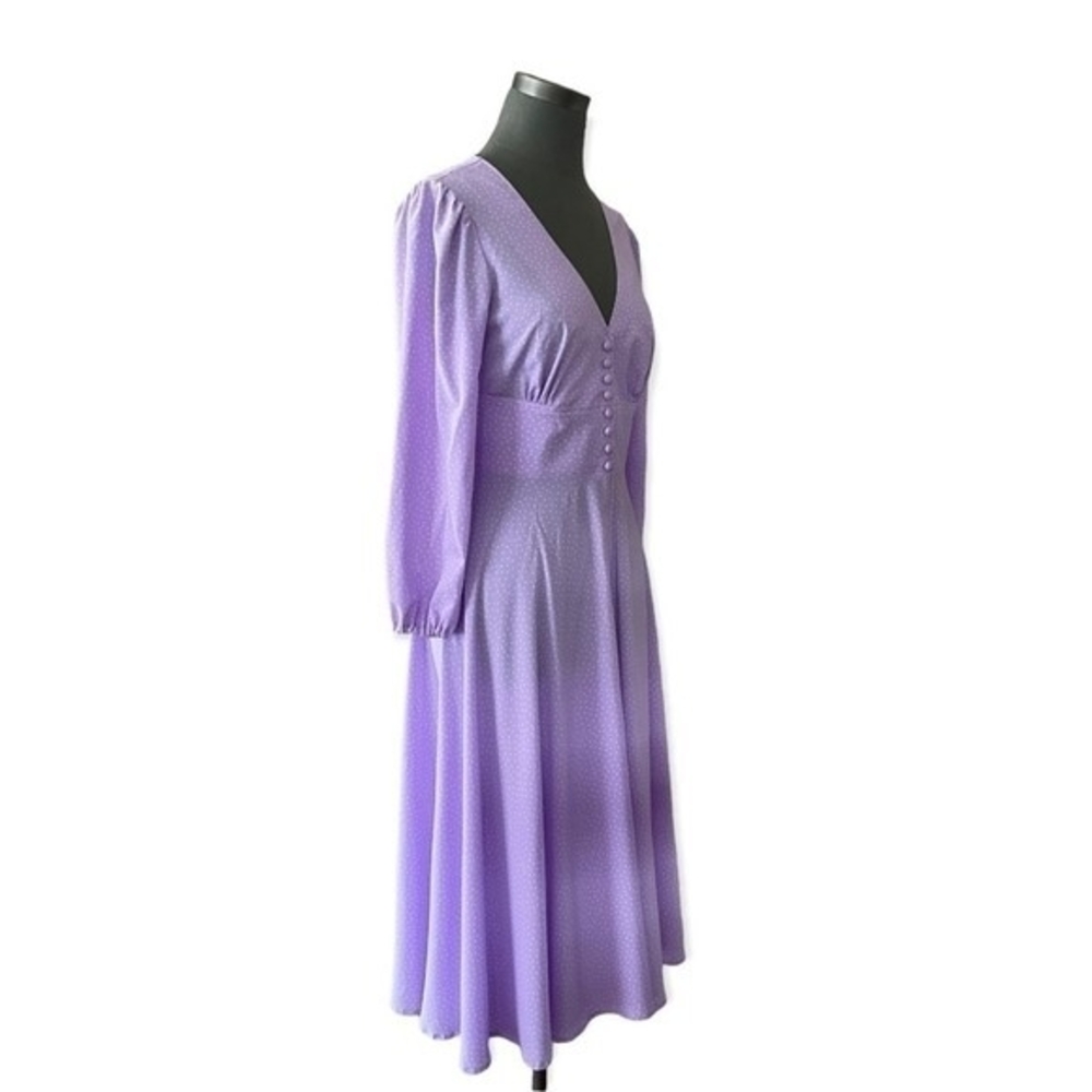 Lilac White Dot Fit Flare Maxi Dress L V-Neck Long Sleeve Prom Cocktail EXC - Picture 6 of 10
